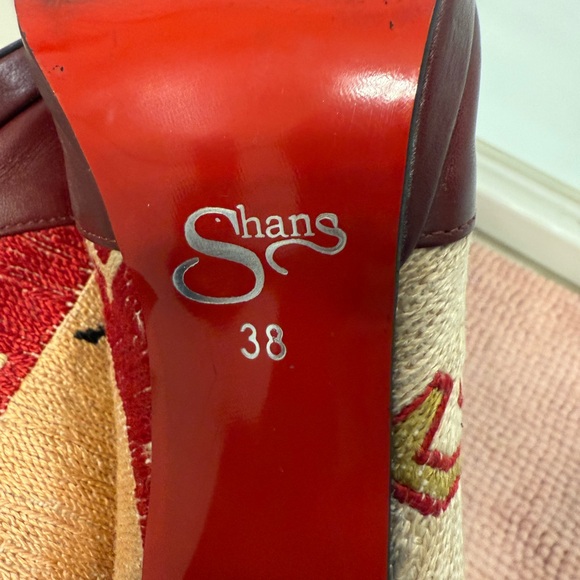 SHANS Amsterdam silk and leather ankle boots BOOTIES Burgundy and Cream - Picture 3 of 7